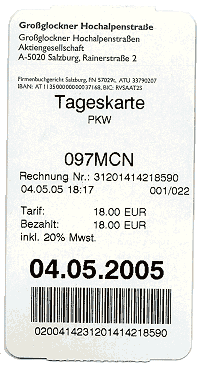 Билет на проезд по Гроссглокнерхохальпенштрассе